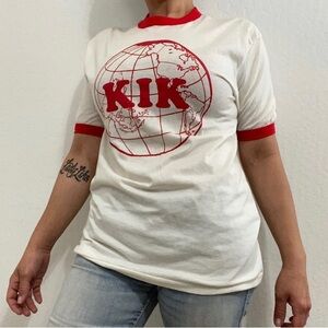 Hanes Men's 38-40 Vintage KIK 11 Globe Graphic T Shirt Short Sleeve Semi Sheer